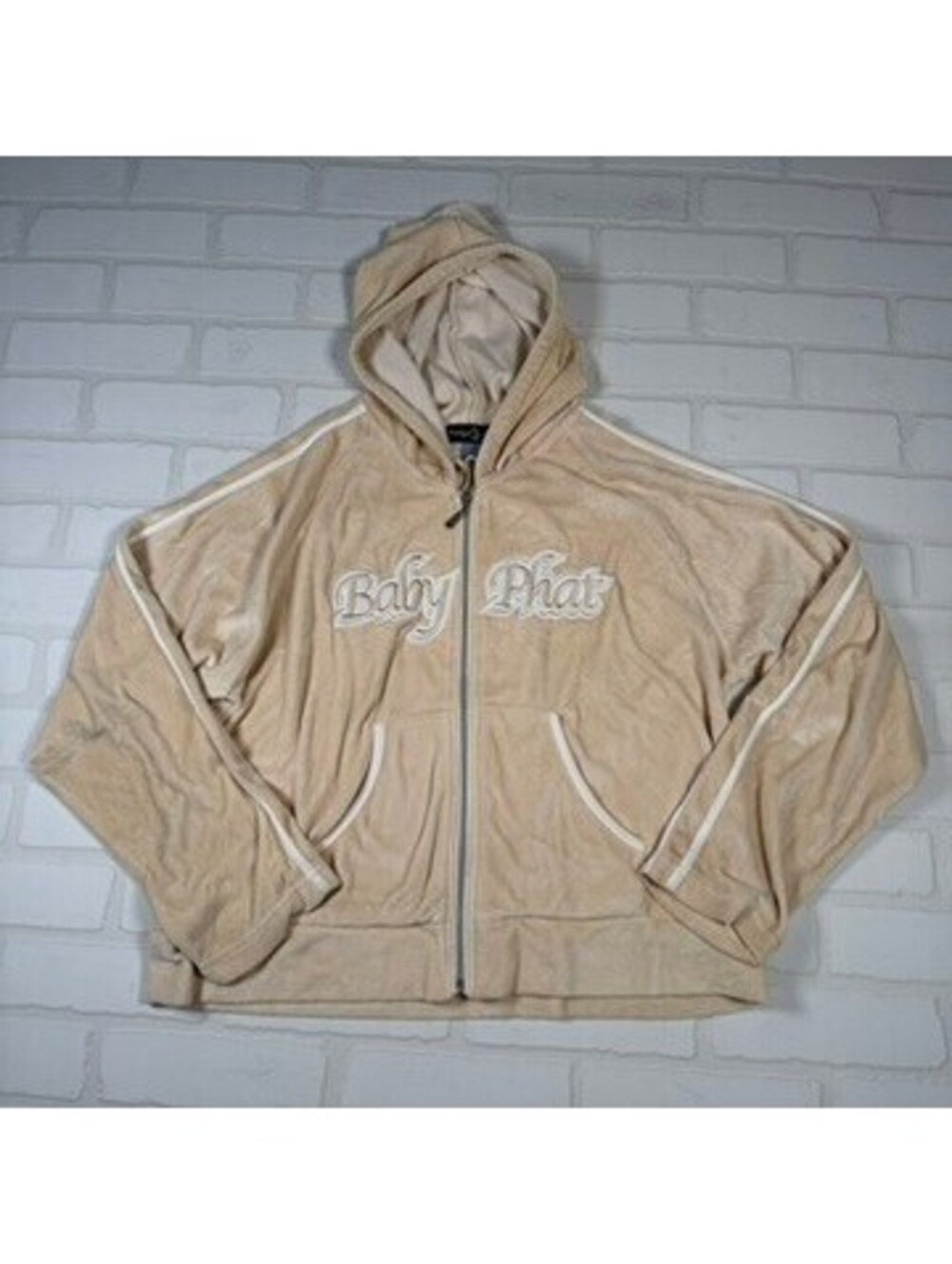Y2K Baby Phat Cream Velour Zip Up Hoodie Jacket Womens Size 2XL